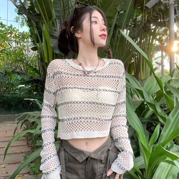 Áo kiểu ZHELIHANGFEI vải dệt kim tay dài chống nắng lưng cao hở eo họa tiết kẻ sọc ngang