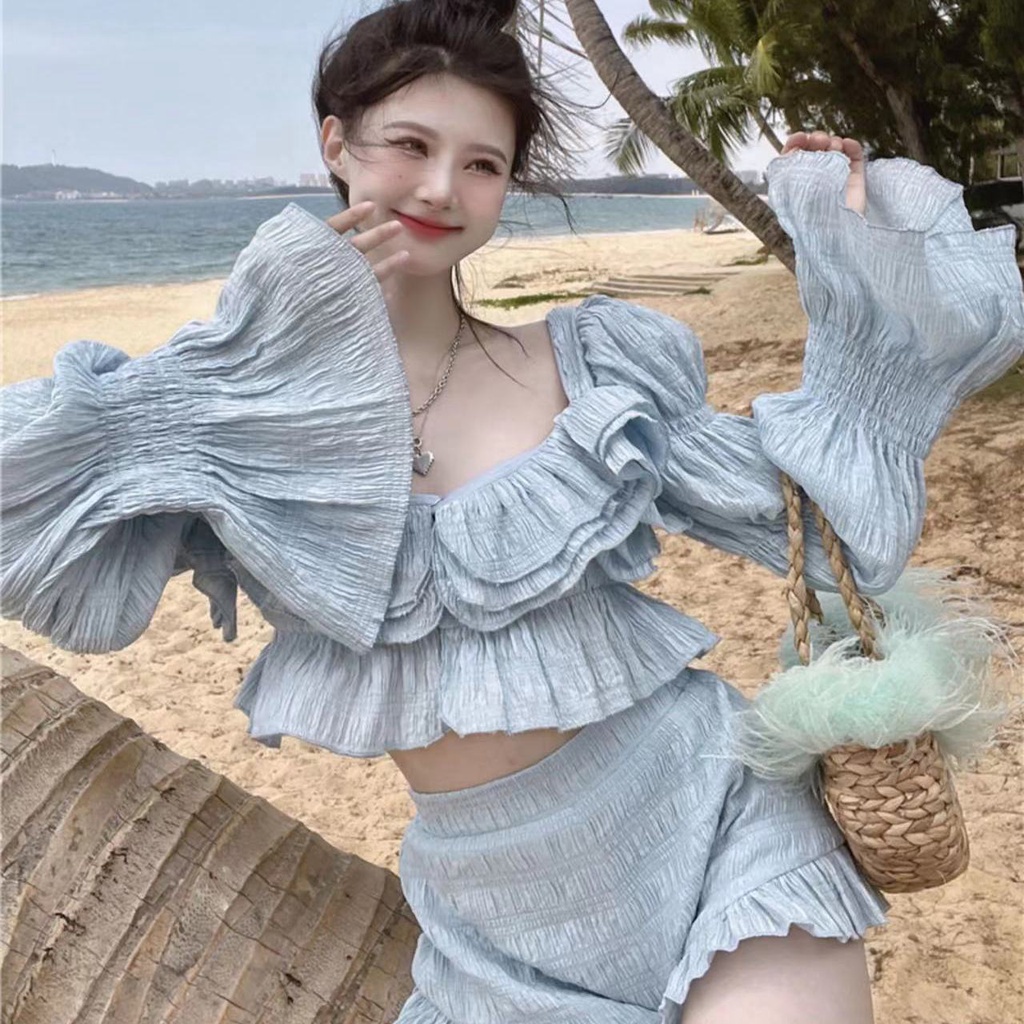 2022 fashion trend shirt blue temperament Ruffle foreign style off shoulder dress blue coat Blue Shorts Set