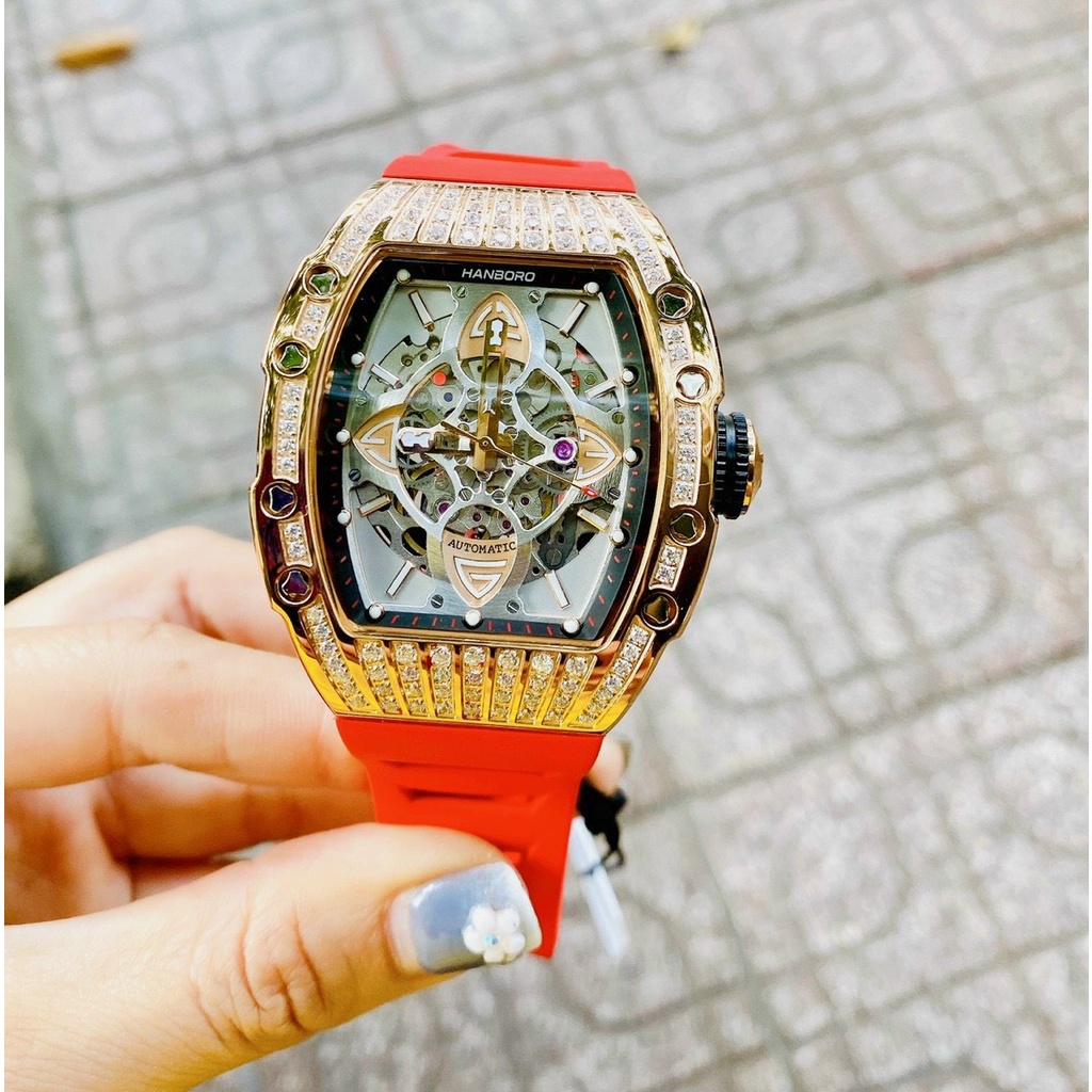 Cặp Đôi - Đồng Hồ Nam Nữ Hanboro Nam Máy Automatic, Nữ Máy Pin , Dây Cao Su , Size 36mm/48mm FULLBOX