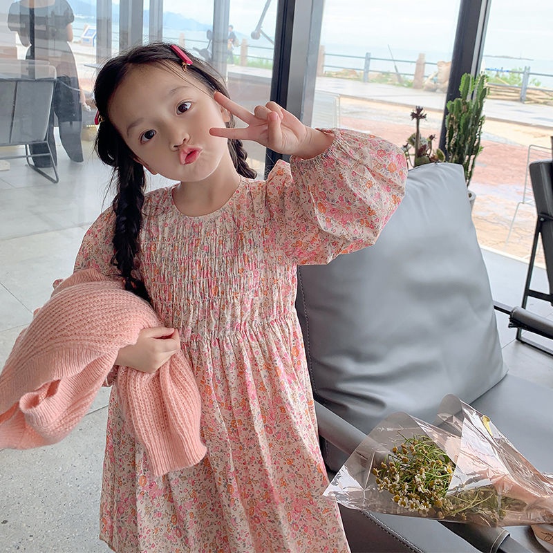 Đầm dài tay in hoa cho bé gái từ 1-6 tuổi