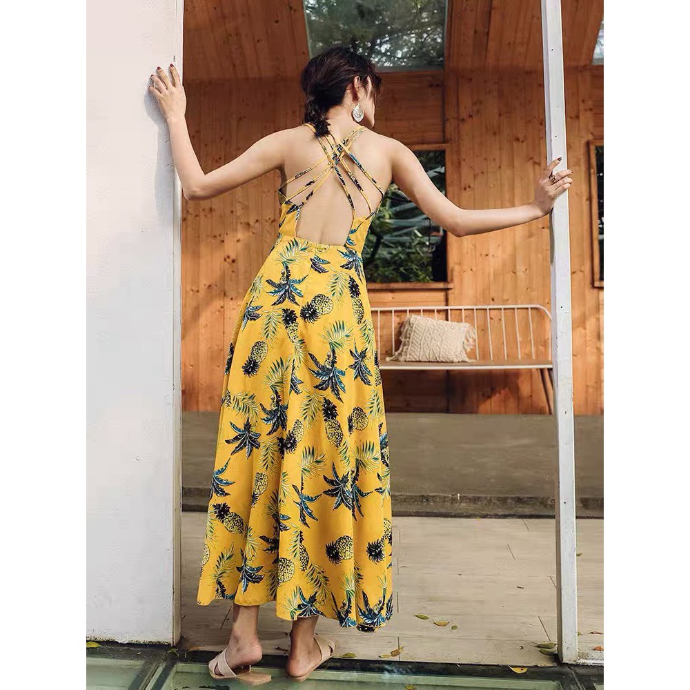 VÁY MAXI - LÁ VÀNG CHẤT ĐŨI LỤA ĐAN DÂY KÈM TUBAN VẢI XINH XẮN FREESIZE - ĐẦM MAXI MẶC - ĐI BIỂN - ĐẦM ĐŨI - TẶNG TUBAN