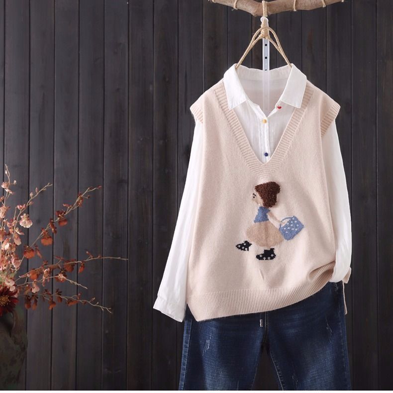 Áo dệt kim sát nách cổ V thêu họa tiết xinh xắn kiểu Hàn Quốc thời trang độc đáo cho nữ