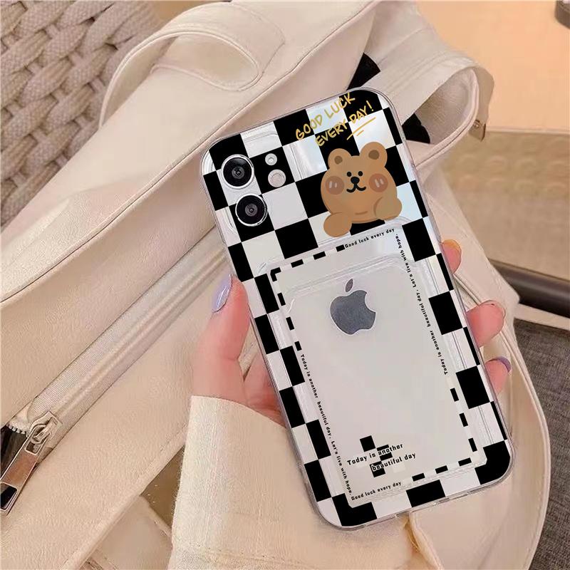 Ốp Điện Thoại Silicon Dẻo Trong Suốt In Hình Gấu Có Ngăn Đựng Thẻ Chống Sốc Cho Iphone