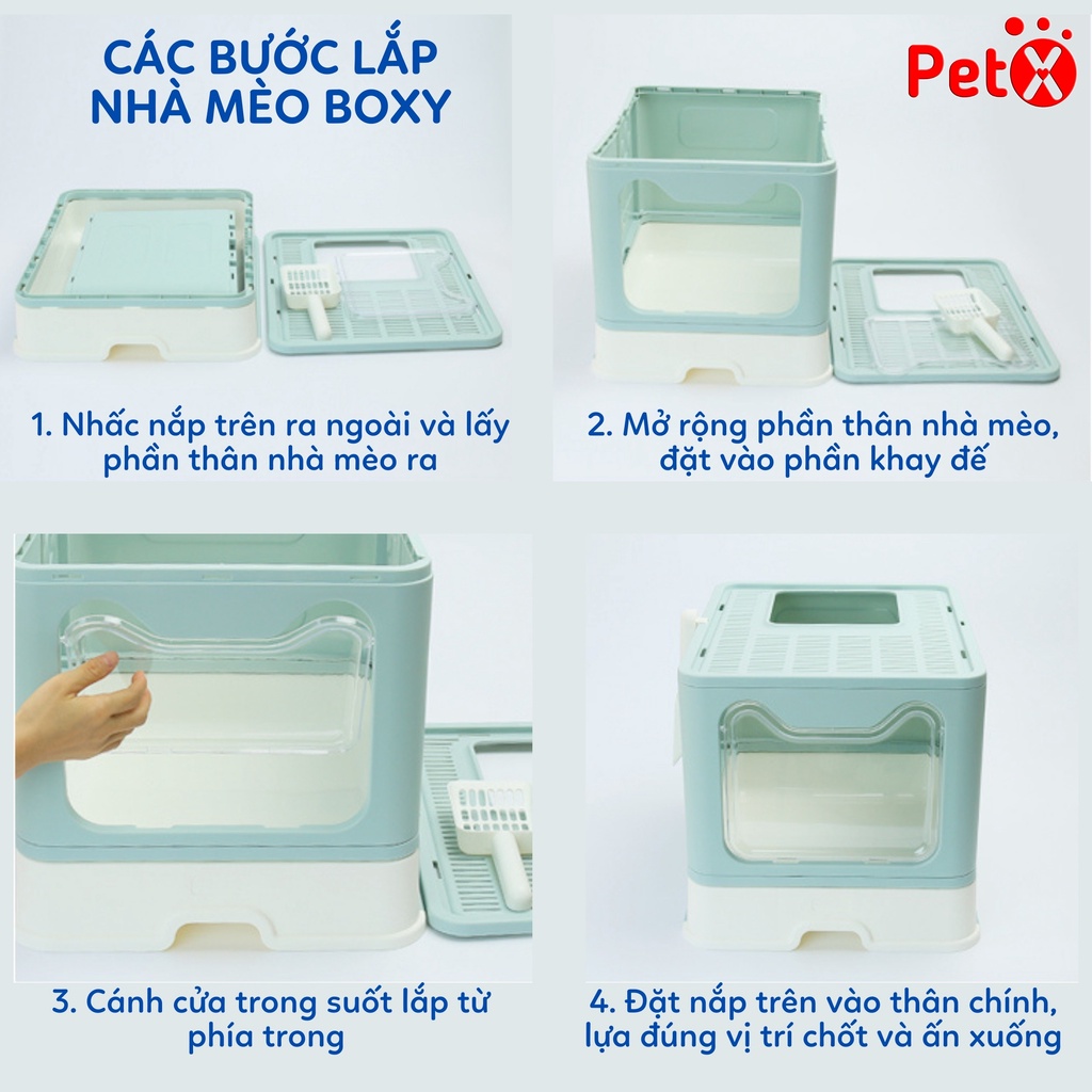 Nhà vệ sinh cho mèo có ngăn kéo khép kín có cửa vào ra riêng chống văng cát kèm xẻng Boxy PetX