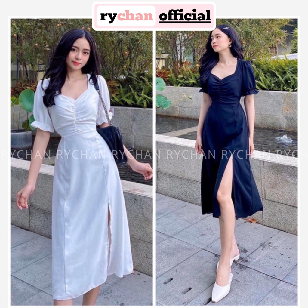 Đầm Nữ Dự Tiệc Cổ Tim Nhúng Ngực Bo Tay Thắt Eo Xẻ Tà Quyến Rũ Sang Chảnh Màu Trắng Xanh Đen - DX9884