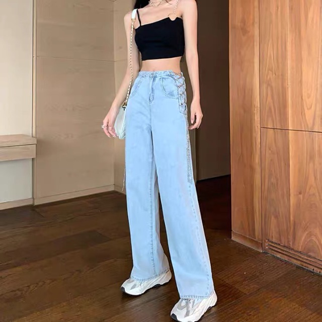 (ORDER) Quần jeans cạp cao ống suông dây xích ngang hông | BigBuy360 - bigbuy360.vn