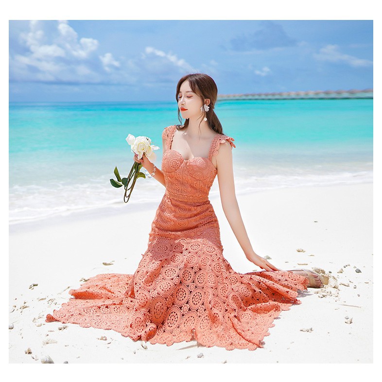 Đầm Nữ Dáng Maxi Đuôi Cá Siêu Tôn Dáng-Chất Vải Cắt Layer Màu Cam Đào Ngọt Ngào-Sẵn size M (Lady Fox) 003