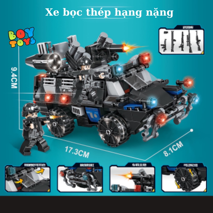 Hộp đồ chơi lego lắp ghép mô hình phương tiện chiến đấu xe bọc thép, tàu chiến, máy bay 4 trong 1