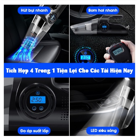 Máy Hút Bụi Kiêm Bơm Lốp Ô Tô DC12V 4 in 1 – Hút Bụi, Bơm Lốp Ô Tô, Đèn Chiếu Sáng, Đo Áp Suất Lốp