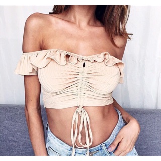 Áo croptop trễ vai thun gân loại đẹp đủ mầu