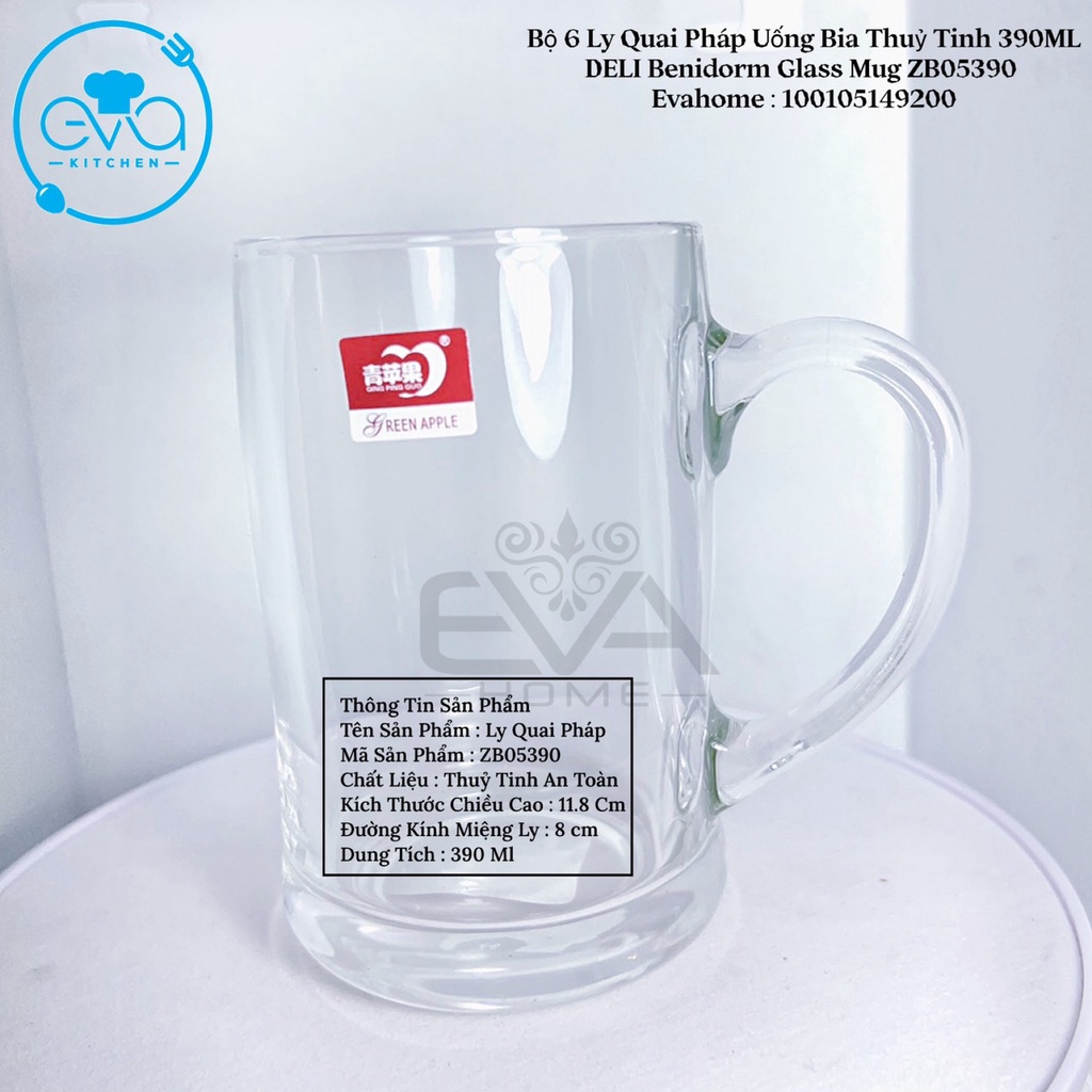 Bộ 6 Ly Quai Pháp Uống Bia Thuỷ Tinh 390ML DELI Benidorm Glass Mug 11.7 OZ ZB05390