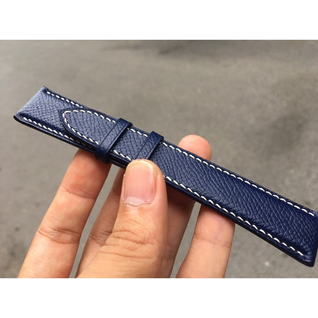 Dây Đồng Hồ Da Bò Epsom Cao Cấp Chống Bám Bụi Màu Xanh Navy Chỉ Trắng DOHA