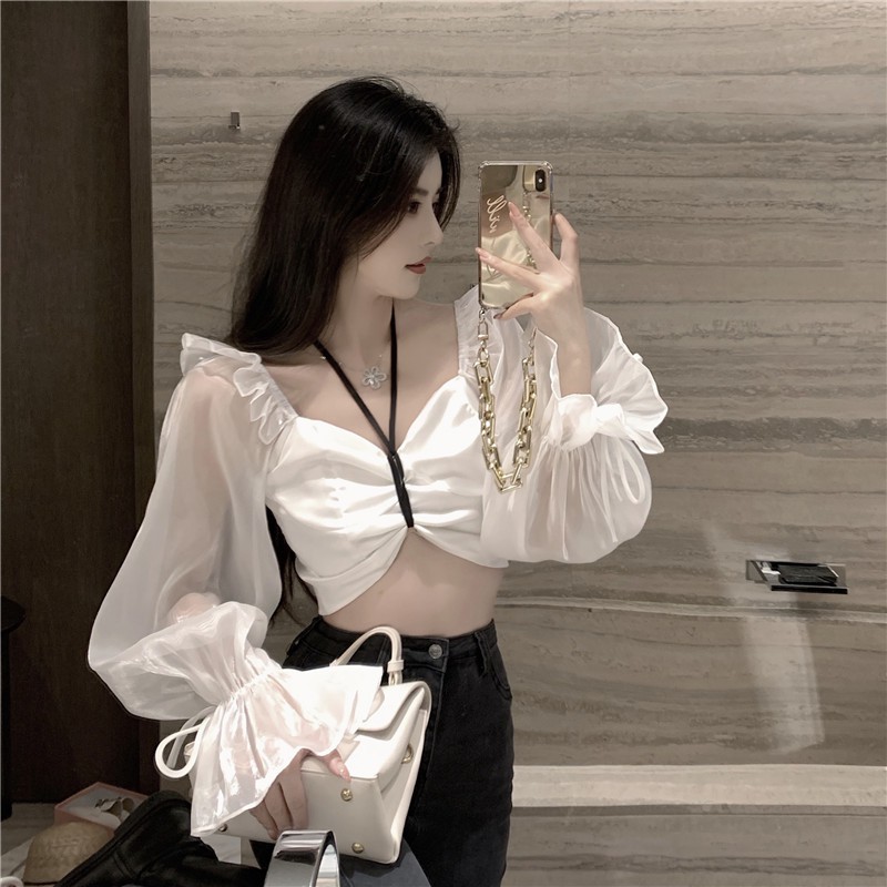 Áo croptop hở bụng rốn form ngắn tay dài màu trắng xương quai xanh dây đeo cổ yếm trễ vai bong bóng ulzzang