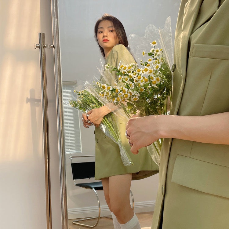 AMOI Đầm Ngắn Phối Hai Hàng Nút Phong Cách Retro Cao Cấp