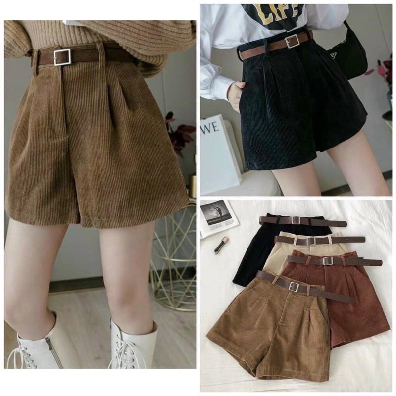 [ Tặng kèm thắt lưng ] Quần short ngắn gập gấu ống rộng chất nhung tăm siêu sang - Cạp eo lưng cao có túi 3 màu siêu đẹp