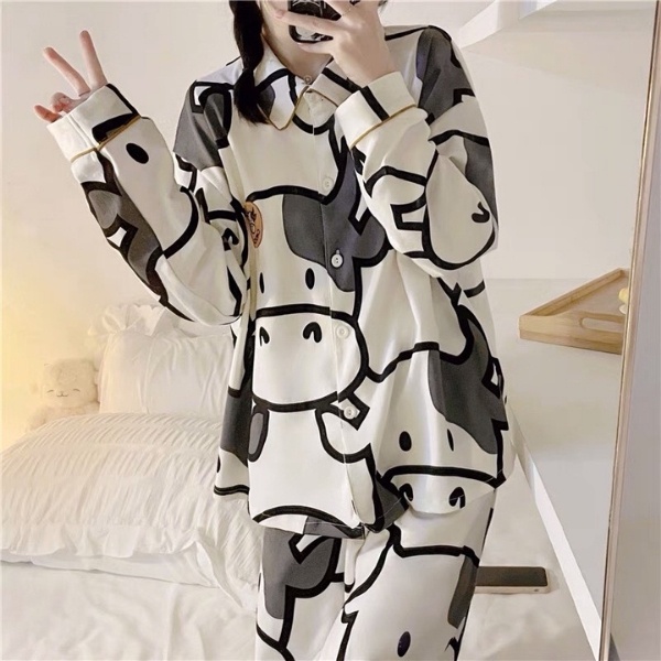 Bộ đồ nữ Pijama lụa tay dài quần dài hoạt hình ullazang mặc ở nhà mùa đông cao cấp chất dày phong cách hàn quốc-BND11