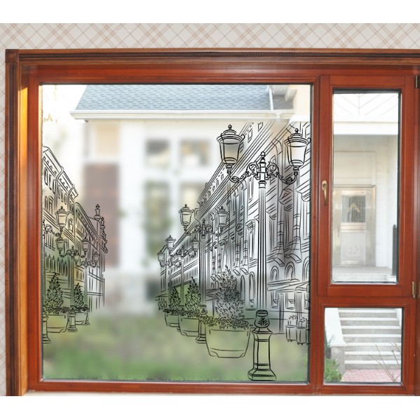 Decal trang trí kính cao cấp tranh vẽ Nhà trắng đen ( 60cm x 58cm )