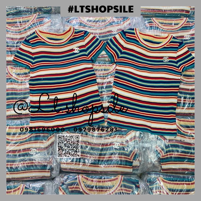 Áo len nữ kẻ sọc ngang xanh cổ tròn thêu chữ x