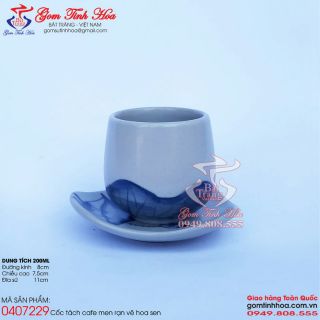 Cốc tách cafe gốm sứ men rạn vẽ hoa sen