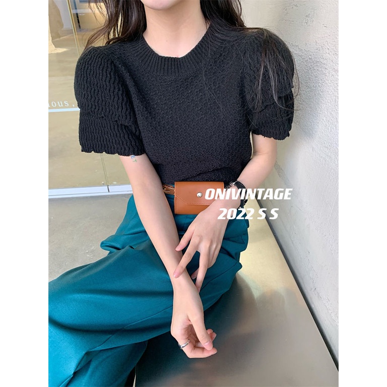 Áo Dệt Kim Mỏng Cổ Tròn Tay Phồng Phong Cách Hàn Quốc Mới