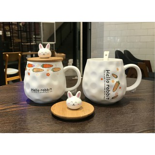 🌸Ly gốm sứ có nắp gỗ thỏ con dễ thương Hello rabbit🌸