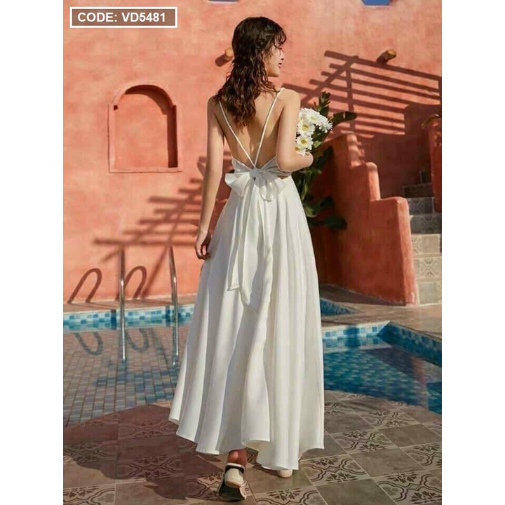 [HCM – hàng cao cấp] Mẫu đầm nữ đẹp maxi trắng 2 dây, đan lưng thắt nơ đắp chéo ngực.