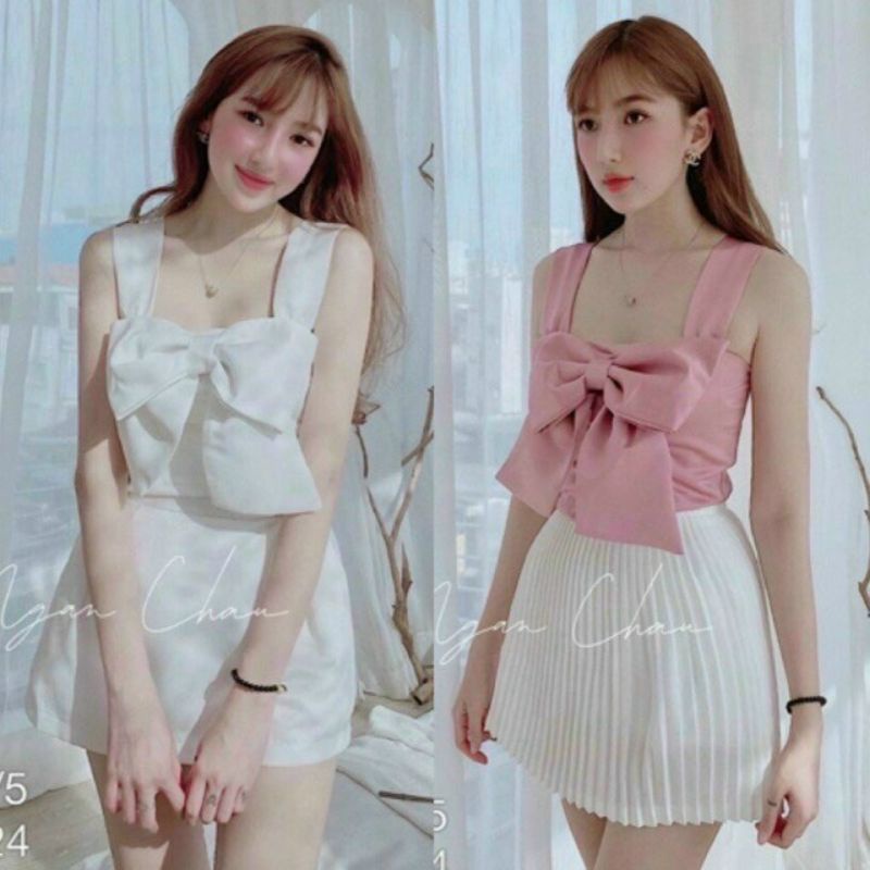 ÁO croptop tiểu thư NƠ TO TRƯỚC NGỰC,chất kate lụa DÂY BẢN PHỐI LƯNG NHÚNG sau lưng thời trang hàn