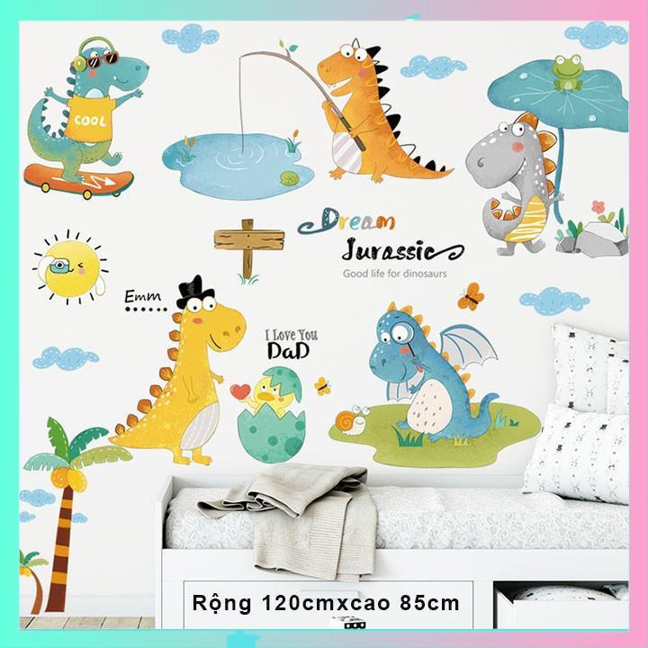 Decal dán tường cho bé khủng long, Tranh dán tường cho bé, giấy dán tường cho bé trang trí phòng ngủ