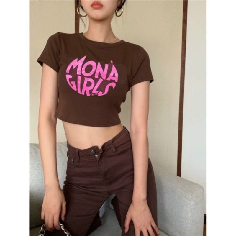 Áo Croptop Tay Ngắn Cổ Tròn Hoạ Tiết In Chữ Mona Girls Đáng Yêu