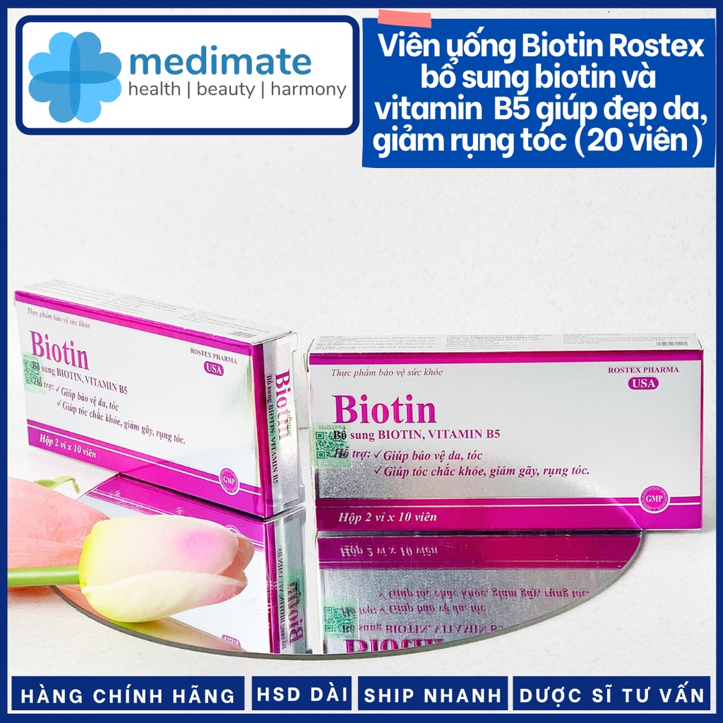 Biotin Rostex viên uống bổ sung biotin và vitamin B5 giúp đẹp da, da mịn màng, tóc dày bóng, móng chắc khỏe (20 viên)
