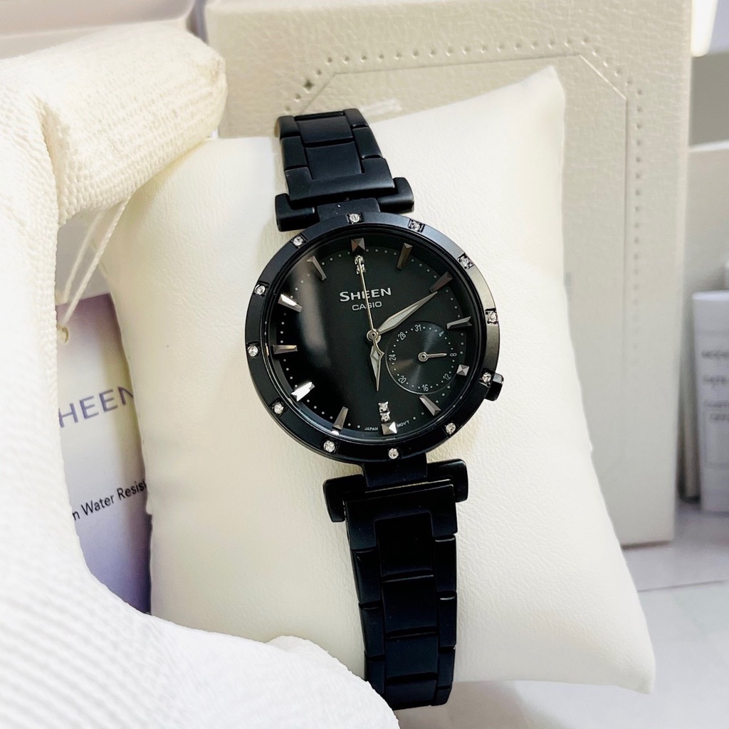 Đồng hồ nữ cao cấp Casio Sheen 4051BD Dây thép mạ ion đen mặt kính khoáng đính đá Bảo hành 1 năm Hyma watch