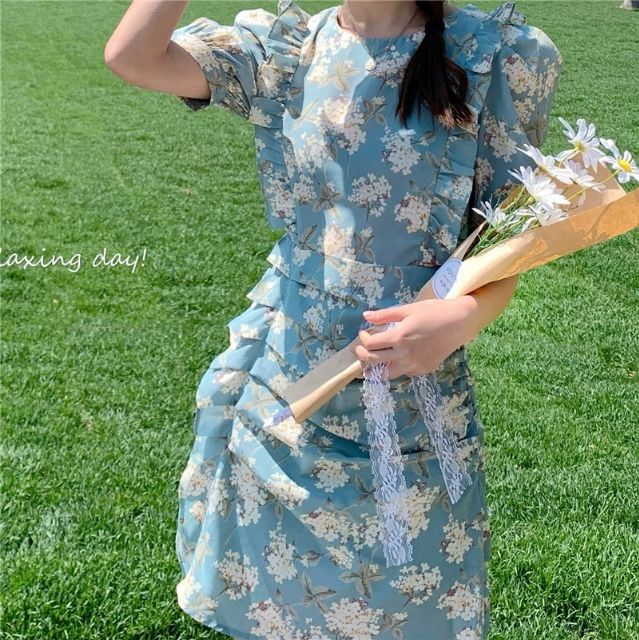 [FREESHIP] váy hoa nhí  chữ A màu xanh cao cấp | BigBuy360 - bigbuy360.vn