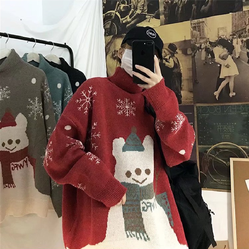 Áo sweater dệt kim cổ tròn tay dài dáng rộng họa tiết hoạt hình thời trang đường phố Hàn Quốc cho nam size M-2XL