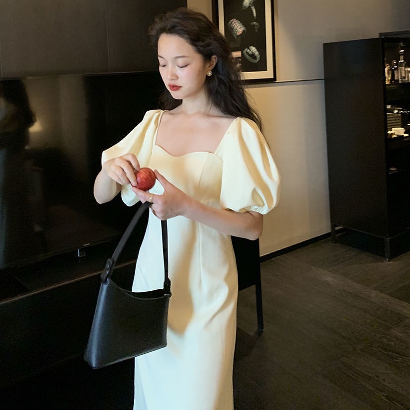 Đầm Midi Màu Đen Tay Ngắn Phồng Cổ Vuông Phong Cách Pháp Cổ Điển Thời Trang Mùa Hè Cho Nữ
