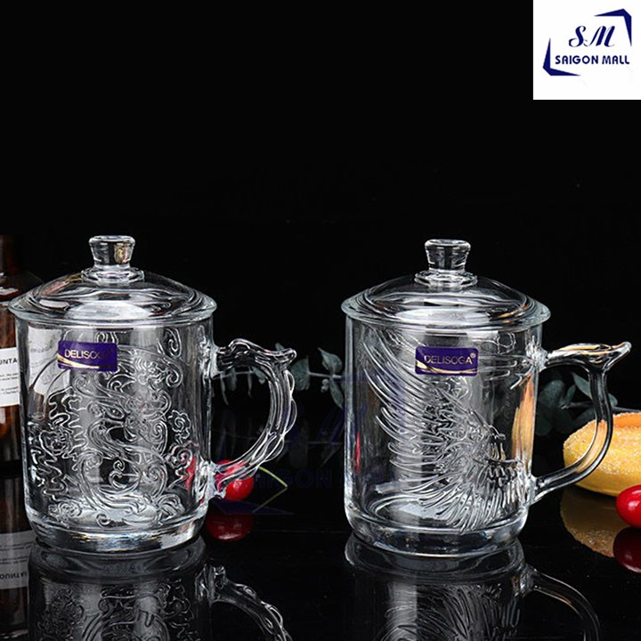 SET 2 ly thủy tinh bao gồm ly rồng và ly phụng có quai cầm, nắp thủy tinh sang trọng, dùng làm quà tặng