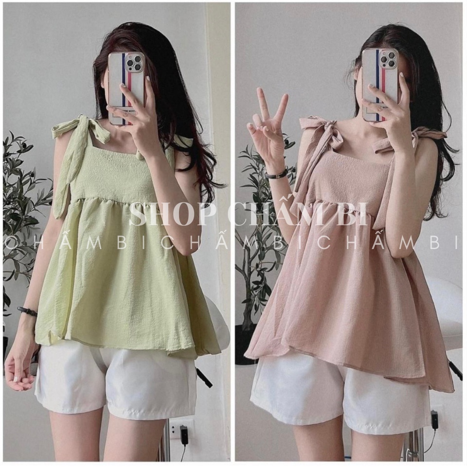 Set bộ tiểu thư S.088, Set áo hai dây buộc nơ xốp trơn 2 màu cùng quần short trắng ngọt ngào - Thời trang nữ Chấm Bi