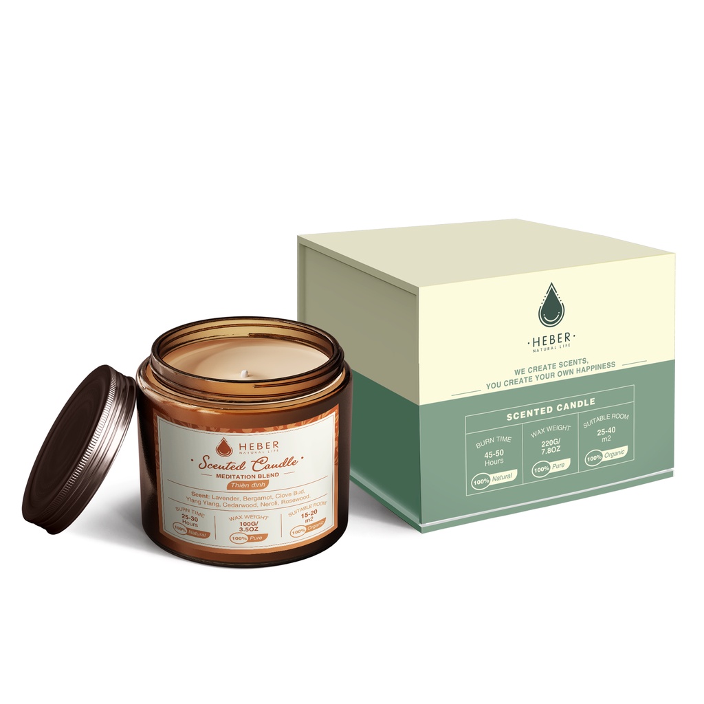 Nến Thơm Thiền Định Meditation Scented Candle Heber Natural Life Thiên Nhiên Cao Cấp, Thơm Phòng Thư Giãn, 100g & 220g