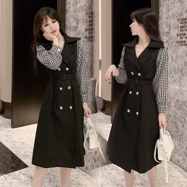 {order bigsize,M-4Xl}Váy dài tay thu đông tay kẻ caro