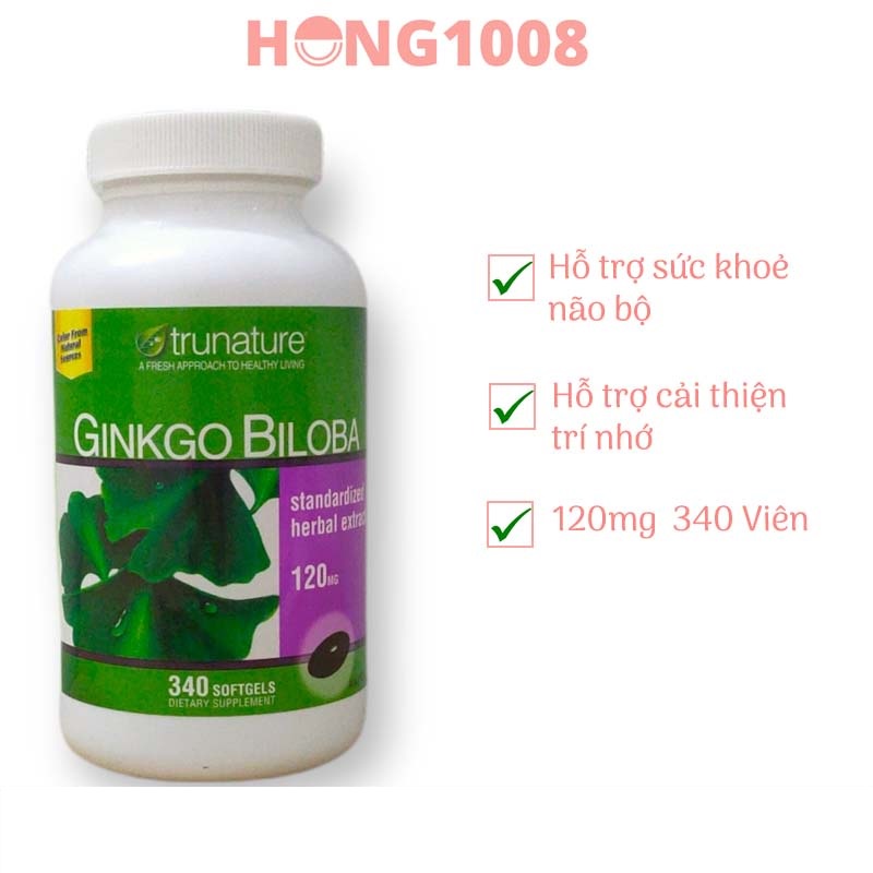 Viên uống Trunature Ginkgo Biloba 120mg 300 viên 340 viên từ trái bạch quả tăng cường sức khỏe trí não hong1008