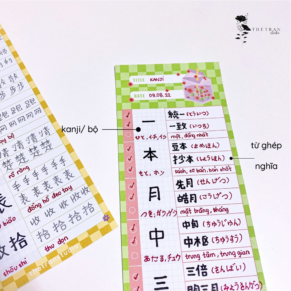 Bộ 8 tờ giấy ghi chú học từ vựng B5, A5, Half A5 kẻ caro kẻ ngang | blooming vocabulary sheet | thetranstudio