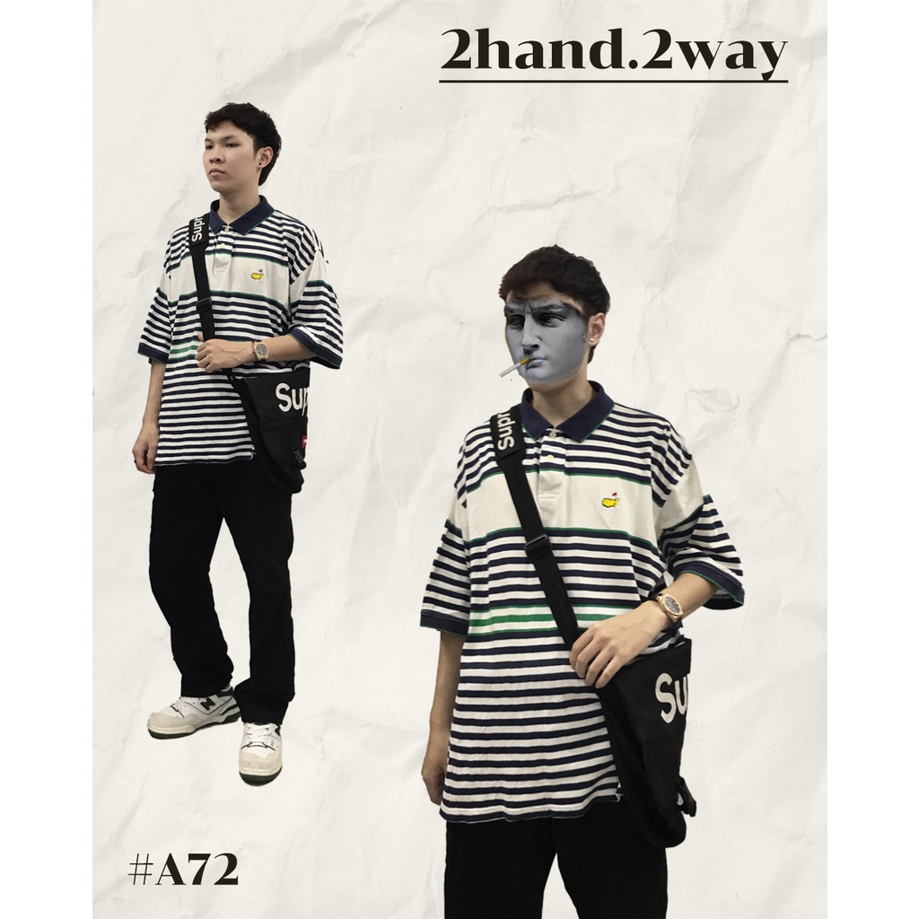 Áo Polo trắng kẻ sọc xanh unisex nam nữ form rộng 2hand.2way