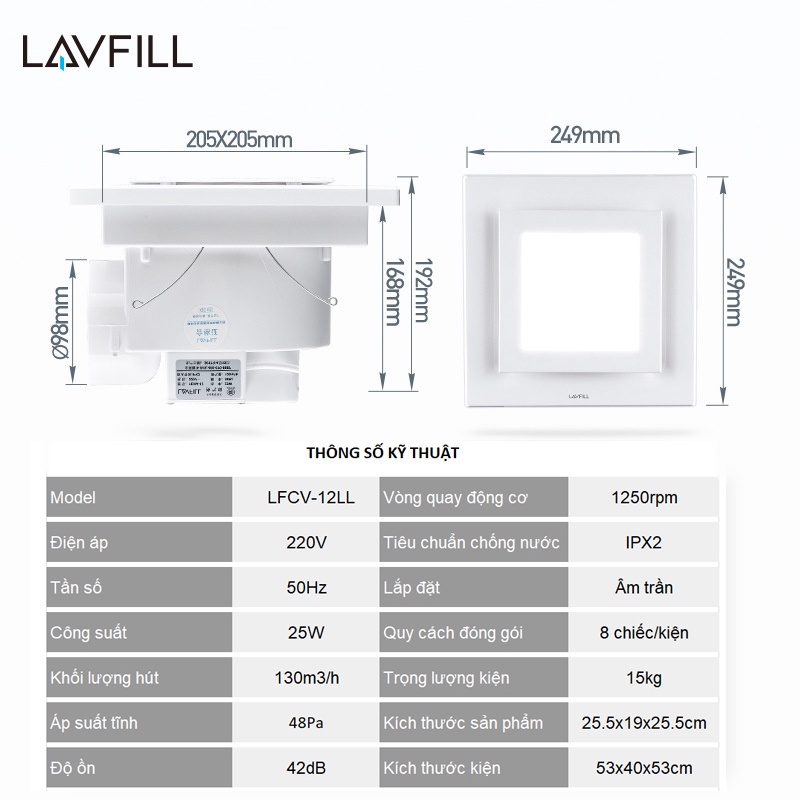 Quạt thông gió hút mùi âm trần với đèn LED vuông, độ ồn nhỏ, hút khỏe với bề mặt 250x250mm LAVFILL LFCV-12LL