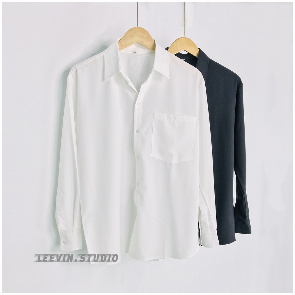 Áo Sơ Mi Nữ Form Rộng Dài Tay Cotton Lụa Hàn Unisex Màu Trắng Đen Kiểu sơ mi nữ dáng rộng Bigsize Ulzzang Leevin Store | BigBuy360 - bigbuy360.vn