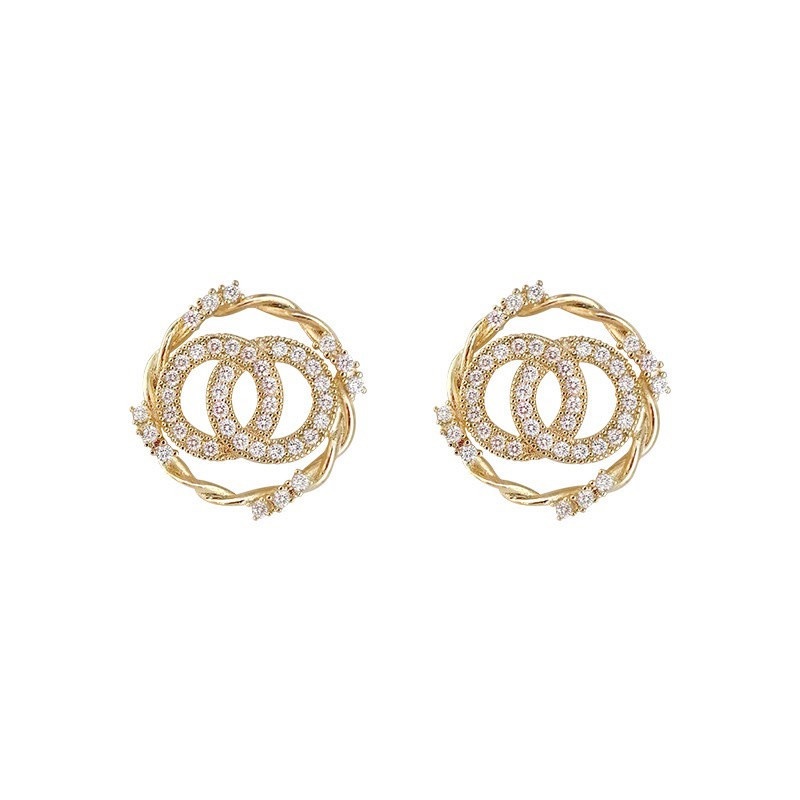 Khuyên tai đính đá Zircon hình tròn phong cách Hàn Quốc