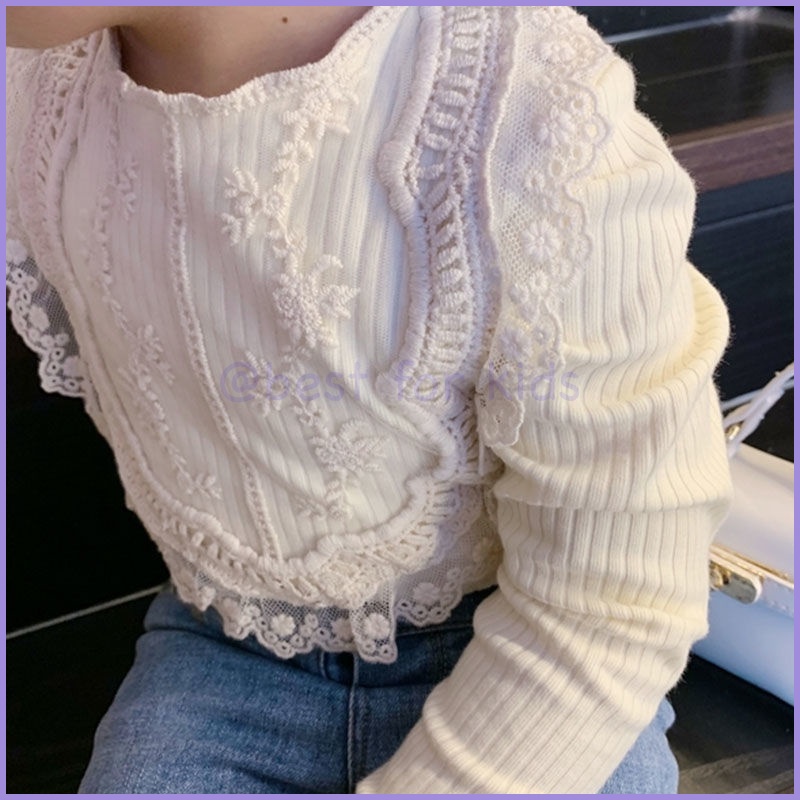 Áo Thun Tay Dài Phối Ren Thiết Kế Dễ Thương Thời Trang Xuân Thu Cho Bé Gái