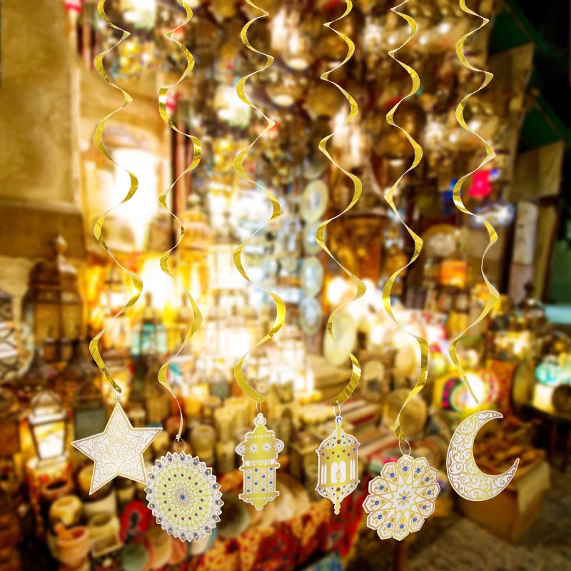 Set 6 Dây Banner Dạng Xoắn Hình Ngôi Sao Mặt Trăng/Ngôi Sao Trang Trí Lễ Hội Ramadan Hồi Giáo