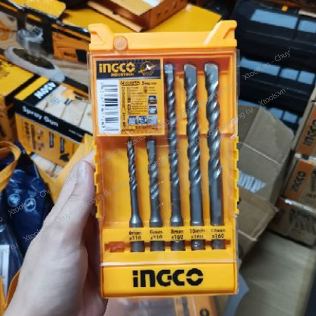 Bộ mũi khoan bê tông đuôi gài 5 chi tiết INGCO AKD2052 6-12mm hợp kim siêu cứng, mũi khoan tường, gạch đá đa chức năng.