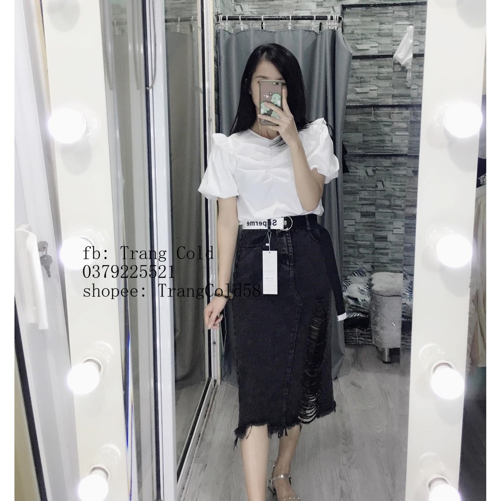 Chân váy bò rách kèm đai xẻ sau hàng loại 1 ( Ảnh thật shop chụp ) | BigBuy360 - bigbuy360.vn