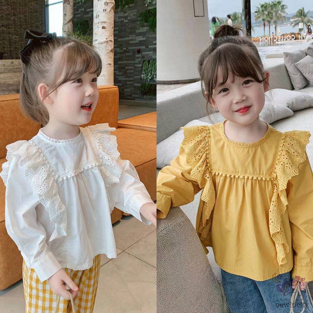 Áo kiểu tay dài phối ren phong cách Hàn Quốc xinh xắn dễ phối đồ cho bé gái