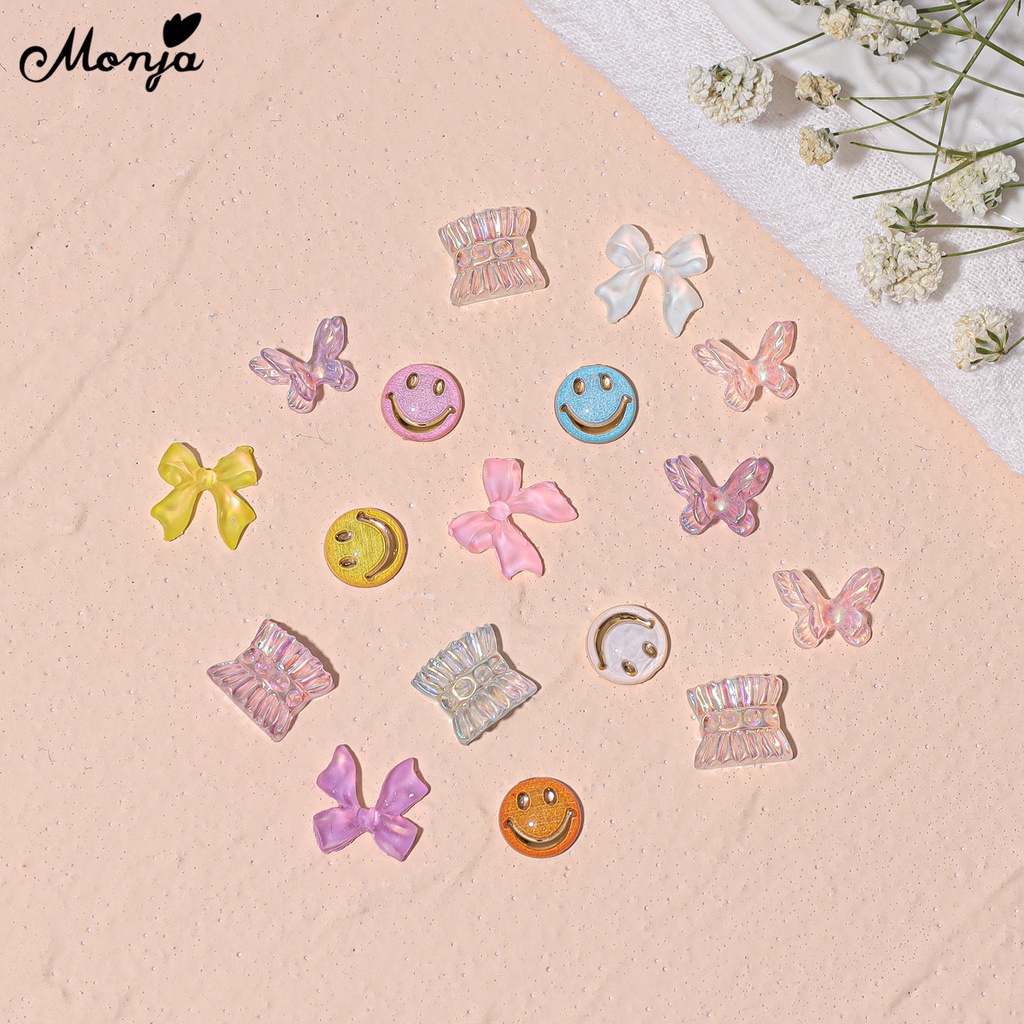 Túi 20 phụ kiện đính móng tay nghệ thuật MONJA kiểu nơ/ bướm/ mặt cười/ kẹo mút/ váy 3D nhựa resin nhiều màu xinh xắn